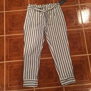 Zara Striped Pants Paper Bag Tie Belt